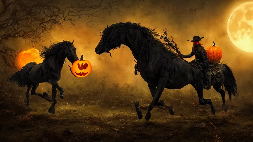 Prompt: rampant black horse with fiery eyes a headless colonial rider holds a jack - o - lantern, background gnarled trees and supermoon, in the styles of greg rutkowski, keith parkinson, and john quidor, intricate, detailed, volumetric lighting