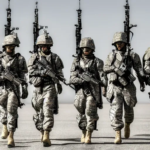 Image similar to a squad of futuristic soldiers in an armory