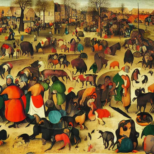 Prompt: Illustration. a brightly colored, abstract scene. It appears to show a group of people or animals in a joyful embrace, with swirls of color and patterns around them. flat color by Pieter Bruegel the Elder, by Emil Ferris casual, rhythmic