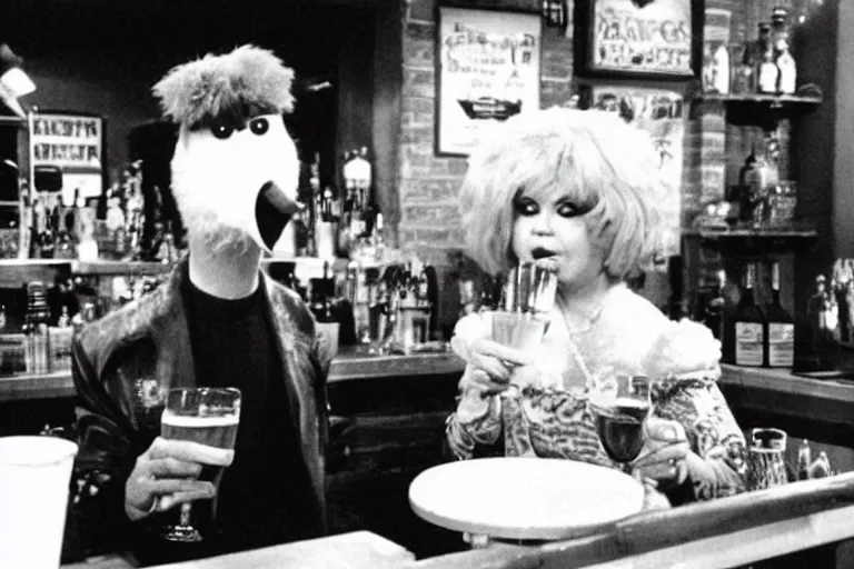 Prompt: “ a still of big bird drinking at the bar in the tv show cheers ”