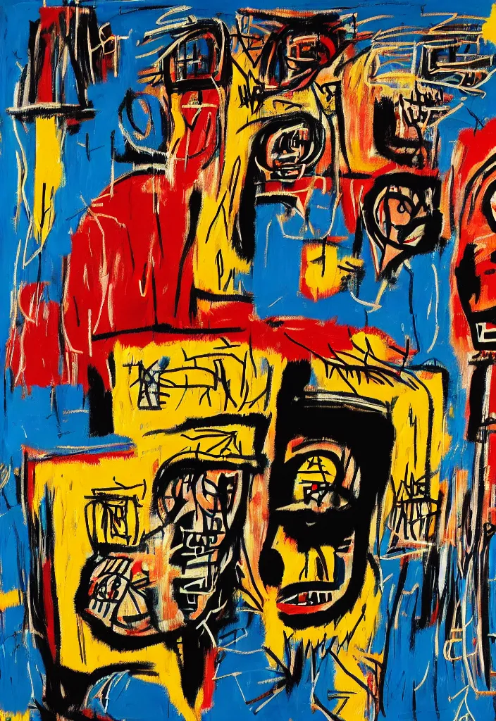 Prompt: bitcoin conference in the style of jean michel basquiat, beksisnski, and pablo picasso