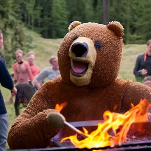 Prompt: film still of bear grylls in a bear costume at a bbq grill party