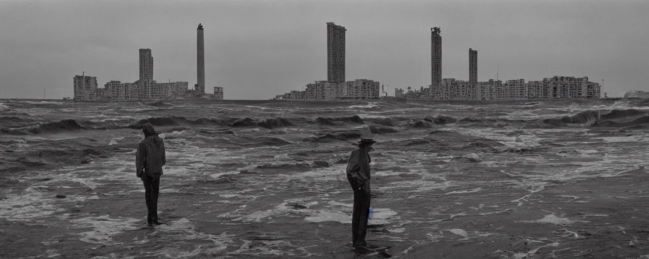 Image similar to apocaliptic Portrait of the city of Mar del Plata with a offshore oil dripping , by Tom Bunk and stephen Shore, 35mm