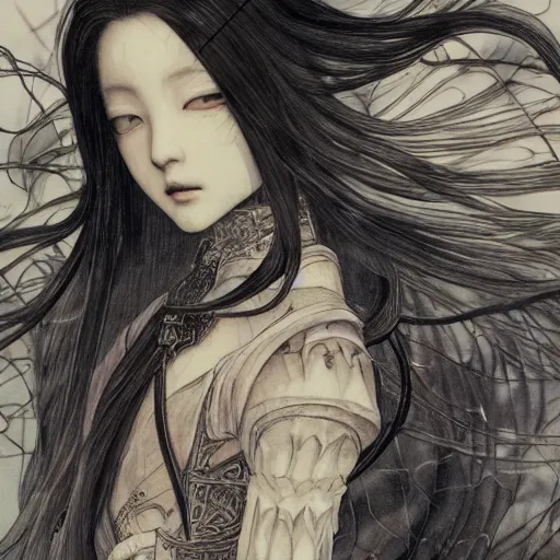 Prompt: yoshitaka amano blurred and dreamy illustration, renaissance oil portrait, realistic anime girl with long wavy white hair fluttering in the wind and black eyes wearing elden ring style armor with engraving, highly detailed, art by moon, abstraction in the background, strange camera angle, three - quarter view, noisy film grain effect, soft light, dark mood