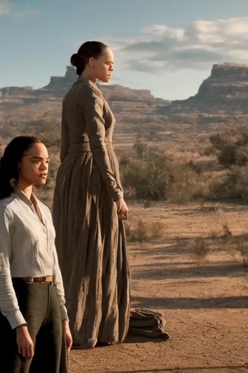 Image similar to Tessa Thompson and Evan Rachel Wood star in Disney's Westworld, Pixar movie screenshot