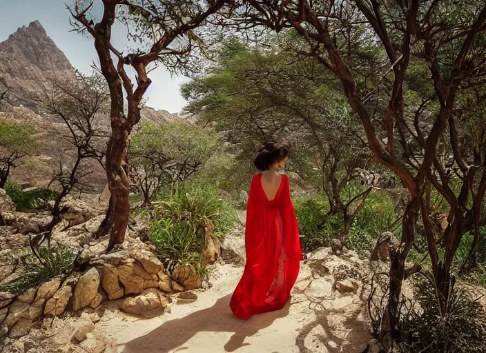 Image similar to beautiful oriental girl walks around Socotra among endemic plants, flowers and snags in a long transparent flowing dress and meets mystical animals, mystical insects, mystical birds, lizards, snakes, gorgeous, Atmosphere, hypnotic dimensions, mythology, Rococo, in the style of Jin Kagetsu, James Jean and wlop, Hieronymus Bosch style, Zdzislaw Beksinski style, sharp focus, intricate concept art, ambient lighting, 4k, hdt, artstation trending on Gsociety, trending on ArtstationHQ, hyper quality, 16K