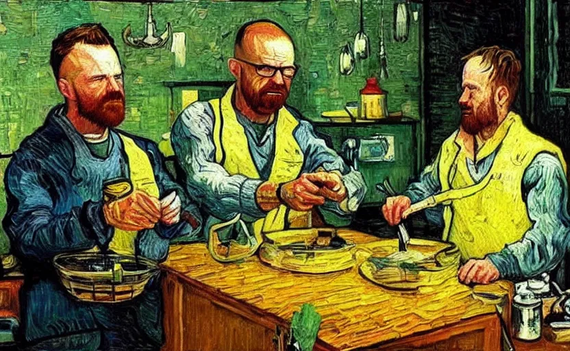 Prompt: Walter White and Jesse Pinkman cooking meth, in the style of Van Gogh, oil painting