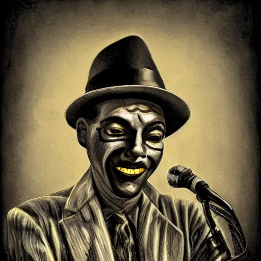 Prompt: 1 9 3 0 s blues singer mouthless joe munson, creepypasta, kodachrome, highly detailed, intricate, liminal, photorealistic, digital illustration, trending on artstation, dark, gritty, beautiful colors, 4 k, ink