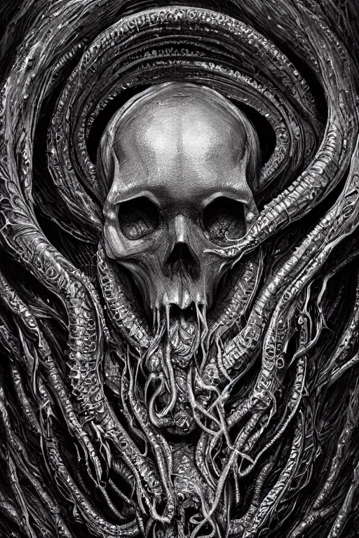 Image similar to realistic portrait of beautifully crystalized and detailed portrait of a melting skull, tentacles, tendrils, eldritch, matte painting of cinematic movie scene red dragon, horror, created by gustave dore and greg rutkowski, high detailed, smooth draw, synthwave neon retro, intricate, realistic proportions, dramatic lighting, trending on artstation.