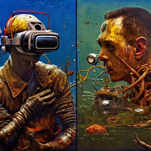 Prompt: junky men in underwater world, luminosity, cybertronic gadgets and vr helmet, flesh + technology, durty colours, mid shot, rotten textures, rusty shapes, biotechnology, norman rockwell, tim hildebrandt, dariusz zawadzki, bruce pennington, oil on canvas, deep depth field, masterpiece, cinematic composition, hyper - detailed, hdr