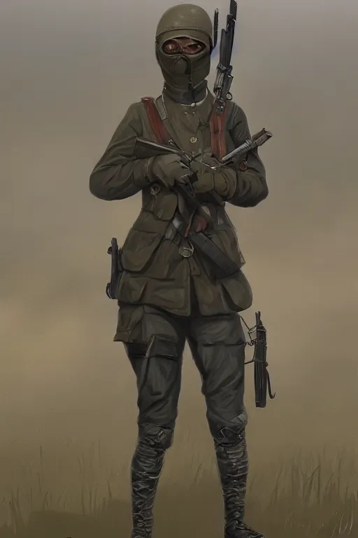 Image similar to ww 1 british sas female masked operative with the standard black uniform, artstation, trending on artstation, establishing shot, by simon stalenhag