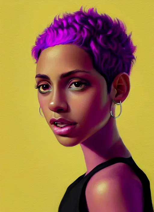 Image similar to portrait of teenage vanessa morgan with bright pink hair, black girl, curly pixie cut hair, wearing a purple breton cap, breton cap, hoop earrings, intricate, elegant, glowing lights, highly detailed, digital painting, artstation, concept art, smooth, sharp focus, illustration, art by wlop, mars ravelo and greg rutkowski