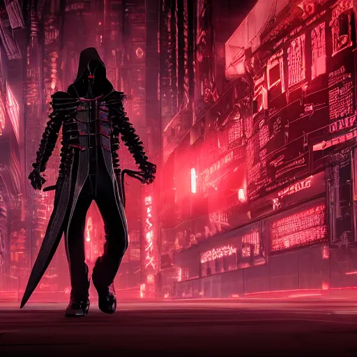 Image similar to photo of a grimm reaper with a large scythe in his hand walking in a futuristic city in a dystopian future made of electronic components and looks like a giant pcb board. Very detailed 8k. Unreal engine 5 render with nanite, global illumination and path tracing. Emphasize on the colors black and red.