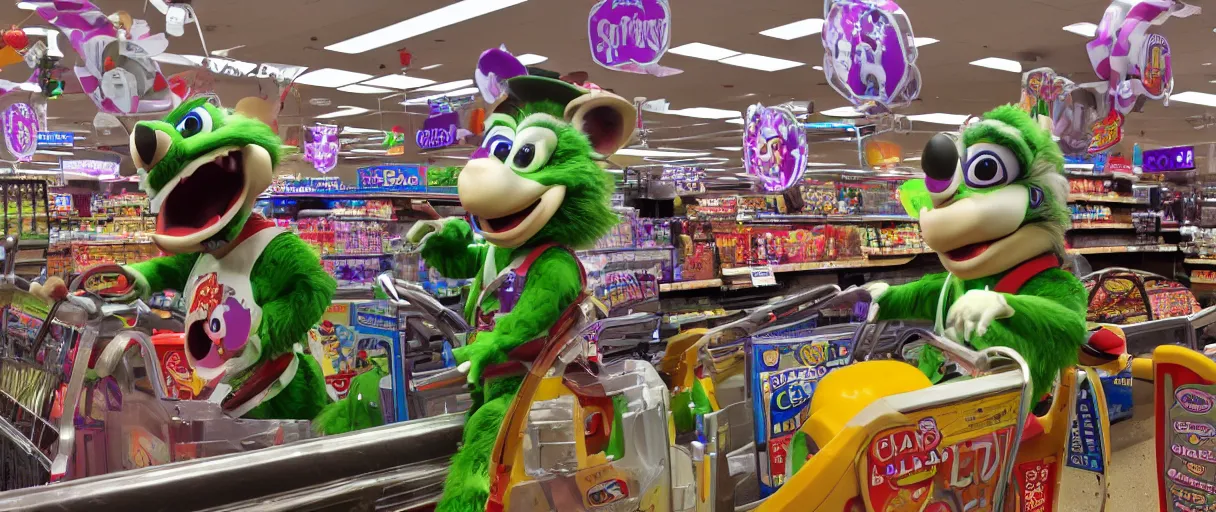 Prompt: chuck e cheese animatronic in a grocery store