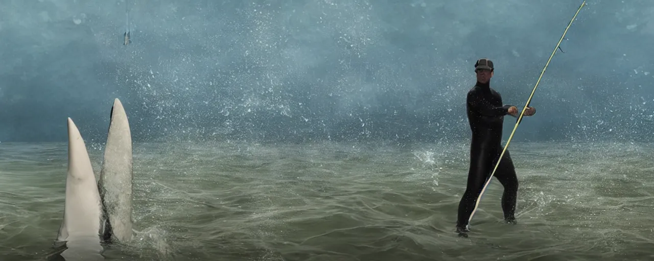Image similar to cinematic rendering of a man standing stiff on a surfboard while he fishes aggressively with a long fishing pole to reel in something underwater only revealed by a large brutish shark fin