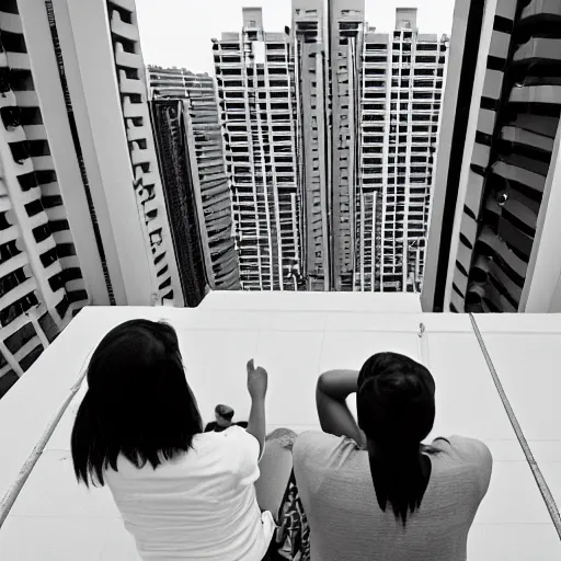 Prompt: photo of two singaporean students sitting on the roof of a hdb flat, black and white, award winning, composition