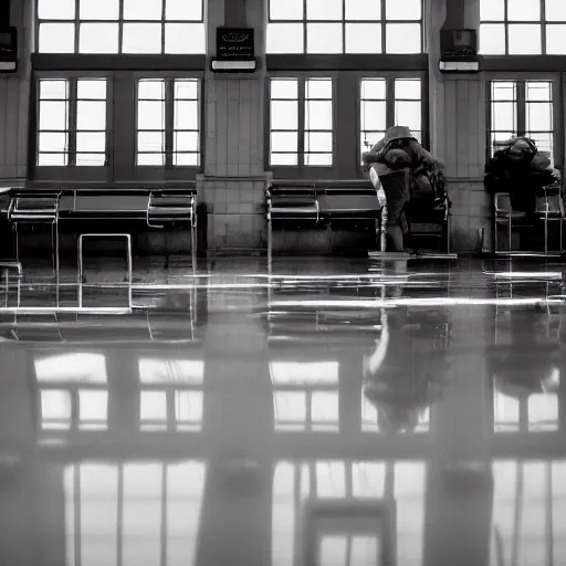 Image similar to photo of a train station, with floor flooded with ice cream