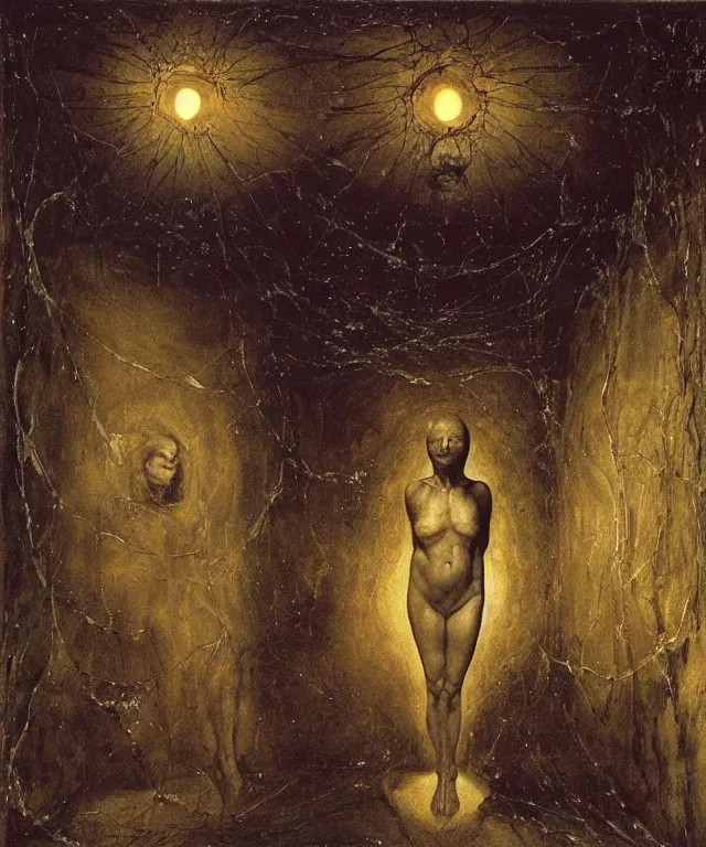 Prompt: The room without doors and windows with beautiful full-body wax sculpture of a glowing transparent woman with visible golden bones inside it in the singularity where stars becoming baroque folds of dark matter by Michelangelo da Caravaggio, Nicola Samori, William Blake, Alex Grey and Beksinski, dramatic volumetric lighting, highly detailed oil painting, 8k, masterpiece
