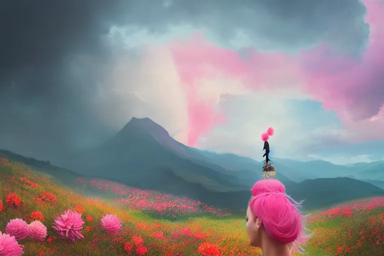 Image similar to giant dahlia flower crown under head, girl walking on mountain, surreal photography, pink storm clouds, dramatic light, impressionist painting, digital painting, artstation, simon stalenhag