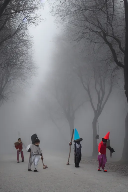 Prompt: a group of clowns walking down a long dark foggy alley the are carrying sticks. fog,