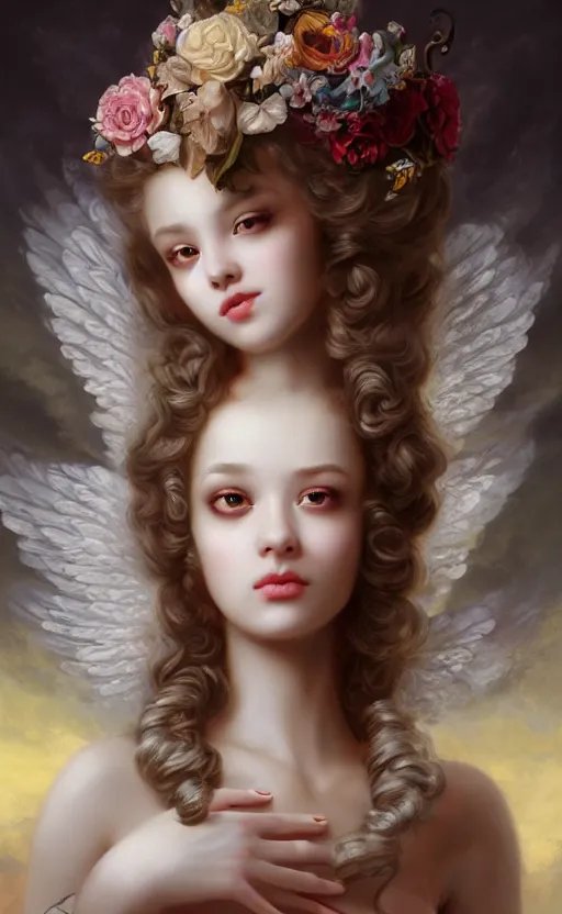Image similar to pop surrealism, rococo, baroque hair, angelic young female seductive - fine - face, pretty face, key visual, realistic shaded perfect face, fine details by stanley artgerm lau, wlop, mark ryden, andrei riabovitchev, marc simonetti, and sakimichan, trending on artstation