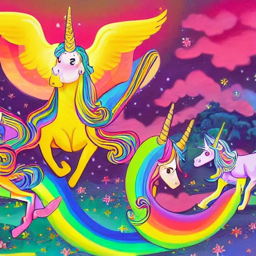 Prompt: a painting of three managers riding unicorns, a storybook illustration by Lisa Frank, featured on pixiv, magical realism, irridescent, storybook
