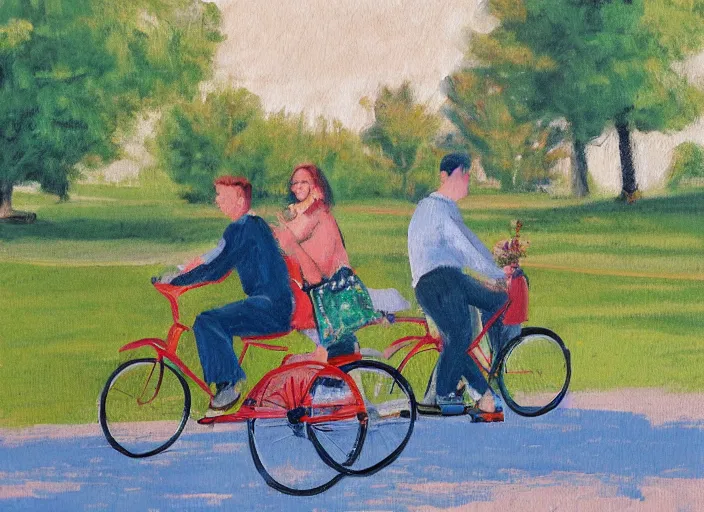 Prompt: a couple on bicycles in the park painting