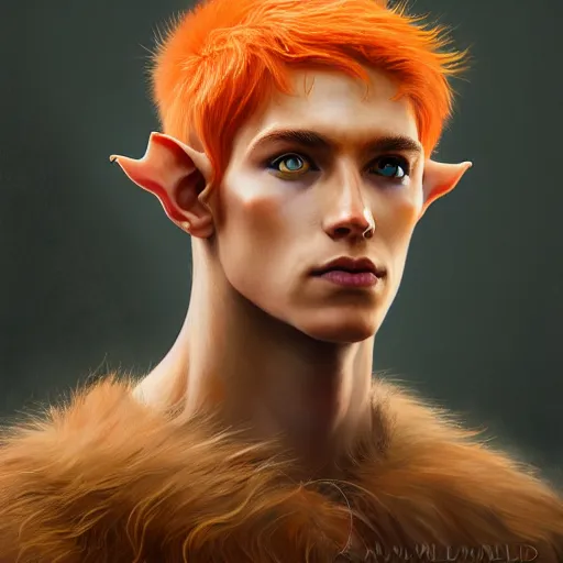 Image similar to portrait painting of an elven young man with short light orange hair and tribal tattoos on his face wearing fur armor, sharp focus, award - winning, trending on artstation, masterpiece, highly detailed, intricate. art by merwild and ernesto irawan and rachel denton