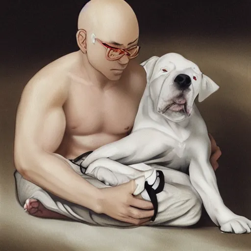 Prompt: painting of tired white pitbull puppy curled up on a japanese man's lap, highly detailed, cozy aesthetic, anime key visual, fukaya yuichiro