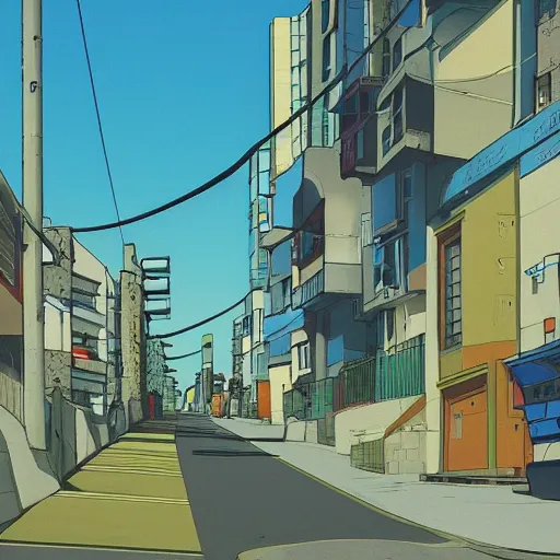 Image similar to city street, sloped street, city on tall hillside, street scene, aquamarine shading panels above street, cel - shading, 2 0 0 1 anime, flcl, jet set radio future, golden hour, japanese town, concentrated buildings, japanese neighborhood, electrical wires, cel - shaded, strong shadows, vivid hues, y 2 k aesthetic