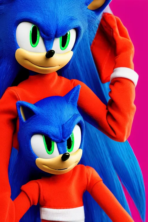 Image similar to sonic the hedgehog barbie doll, photorealistic, highly detailed,