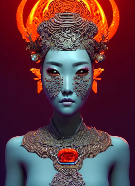 Image similar to 3 d goddess waist shot portrait. beautiful intricate highly detailed korean dokkaebi skull and traditional korean hanbok. elegant stingray, magpie, iridescent, plasma, lava, ice, water, wind, creature, volumetric lighting, twilight forest background, artwork by tooth wu and wlop and beeple and greg rutkowski, 8 k trending on artstation,