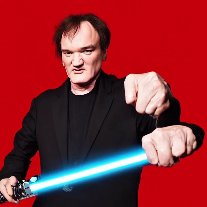 Prompt: quentin tarantino raising a lightsaber with his right hand, giving thumbs! down! with his left hand. without characters. red and black background. cinematic trailer format.