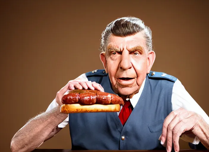 Image similar to photo still of andy griffith as matlock at shoneys!!!!!!!! at age 7 6 years old 7 6 years of age!!!!!!!! enjoying sausage, 8 k, 8 5 mm f 1. 8, studio lighting, rim light, right side key light