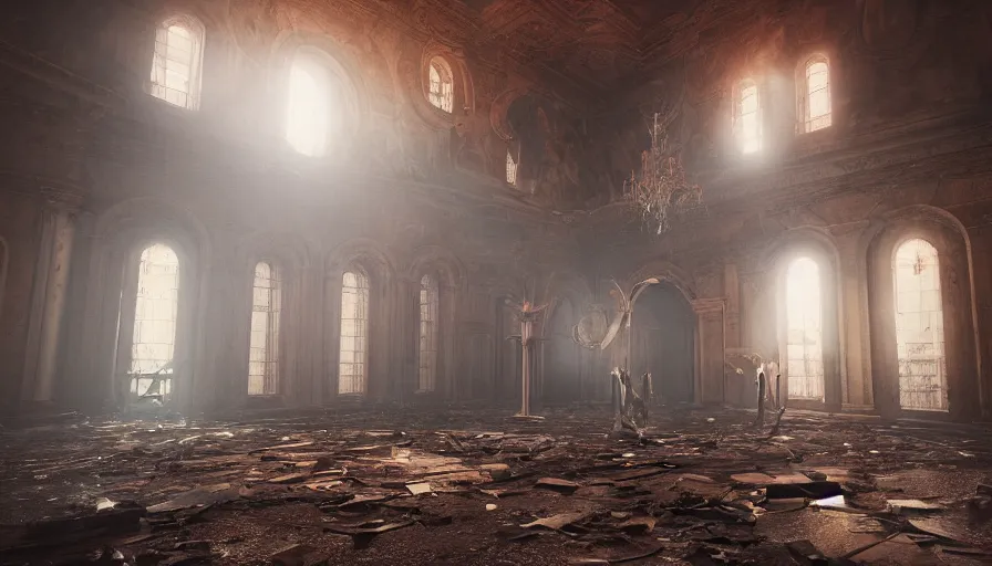 Image similar to demons battle lovecraftian monsters in an abandoned church in the vatican, 8 k, soft lighting, hdr, octane render, cinematic, red fluid on walls of the church, smoke, photorealistic, bokeh