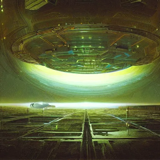 Prompt: Spaceport docking bay at night, inner light. Concept art, hyperrealism, extreme detail, art in the style of A New Hope. Art by. Beksinski and Thomas Kincade