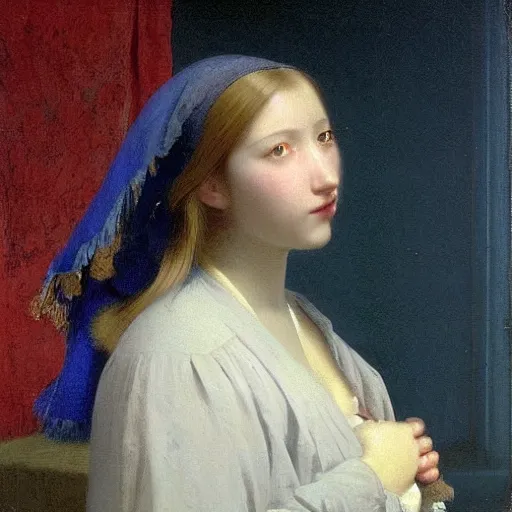 Prompt: a young woman’s face, her hair is white and she wears a cobalt blue cloak, by ivan aivazovsky and pieter claesz and paul delaroche and alma tadema and august malmstrom and and willen claesz heda and aelbert cuyp and gerard ter borch, contrapposto, hyperrealistic, volumetric light, rendered in octane, c4d
