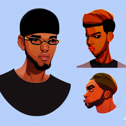 Prompt: 2 d character design, male rapper, vector art, digital art, portrait, 4 k, 8 k, sharp focus, smooth, illustration, concept art, music artist