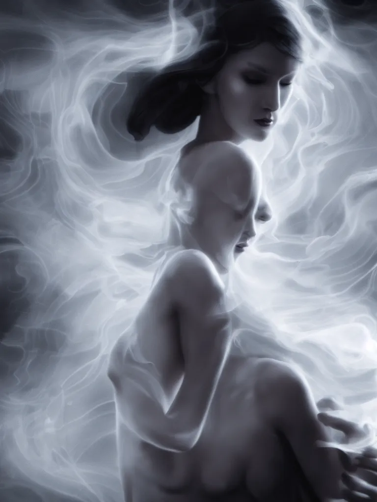 Prompt: white noir priestess, flowing swirls of smoke, hyperreal octane render volumetric cinematic