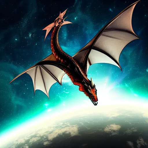 Image similar to dragon flying in space, glowing galaxy in the background, cinematic, detailed, clean, realistic