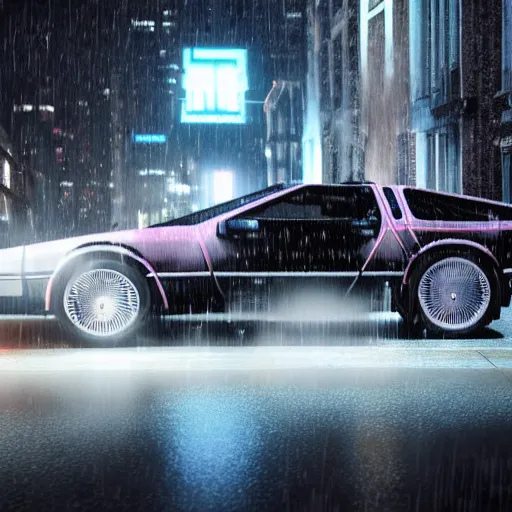 Prompt: hyperdetailed, photorealistic photograph of a dmc 1 2 delorean driving in the streets, rain, night, dense fog, hd, unreal engine 5