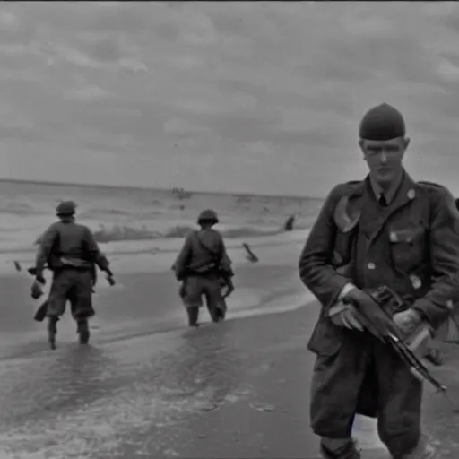 Image similar to Hank Hill storming Omaha Beach, epic, WWII, 1940s photo, cinematic, highly detailed, gritty,