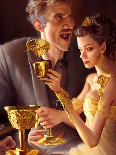 Prompt: a couple with misterious expressions, cheers, a toast with golden cups. intricate, elegant, highly detailed, digital painting, artstation, concept art, sharp focus, illustration, by justin gerard and artgerm, 8 k