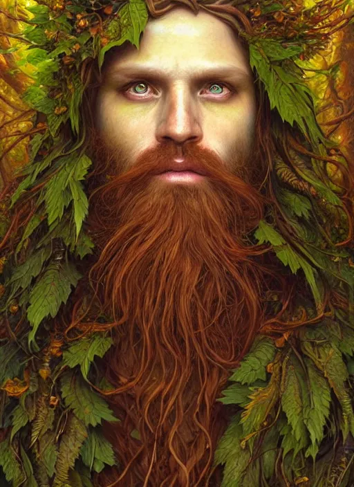 Prompt: masterpiece portrait of old sylvan green man with long auburn hair and beard, kind eyes, wearing a leaf cloak, hyper realistic face, volumetric lighting, celtic fantasy art, psychedelic, in the style of greg rutkowski, donato giancola, tom bagshaw, intricate, hyper detailed, smooth, vibrant aura