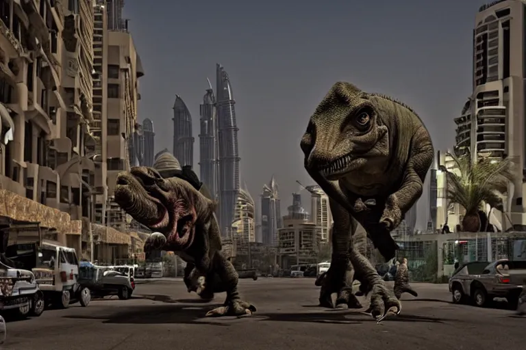 Image similar to cinematography dinosaurs in the streets of dubai by Emmanuel Lubezki