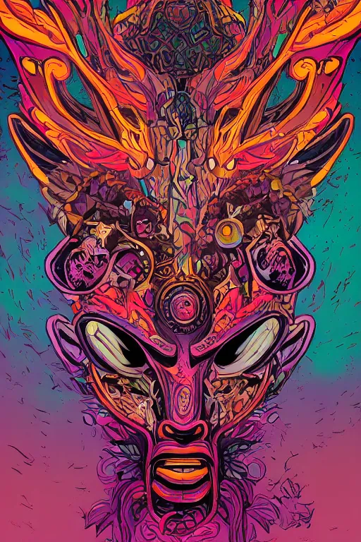 Image similar to animal mask totem roots tribal feather gemstone plant wood rock shaman vodoo video game vector illustration vivid multicolor borderlands comics by josan gonzales and dan mumford radiating a glowing aura