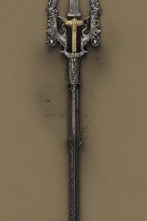 Image similar to sword of justice hanging on a wall, ornate gem in pommel, engraved blade, serrated point, herringbone floor, low angle, museum display, greg rutkowski