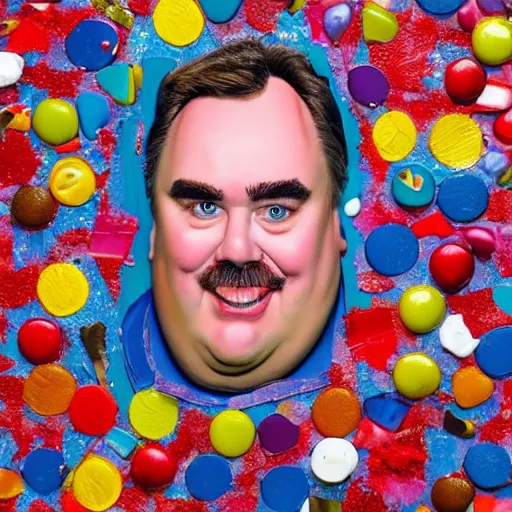 Image similar to a portrait of of john candy constructed from candy, collage, drop shadow, organic, layered composition, layers, texture, mcu, petals, highly textured, layered, sculpted, dynamic,