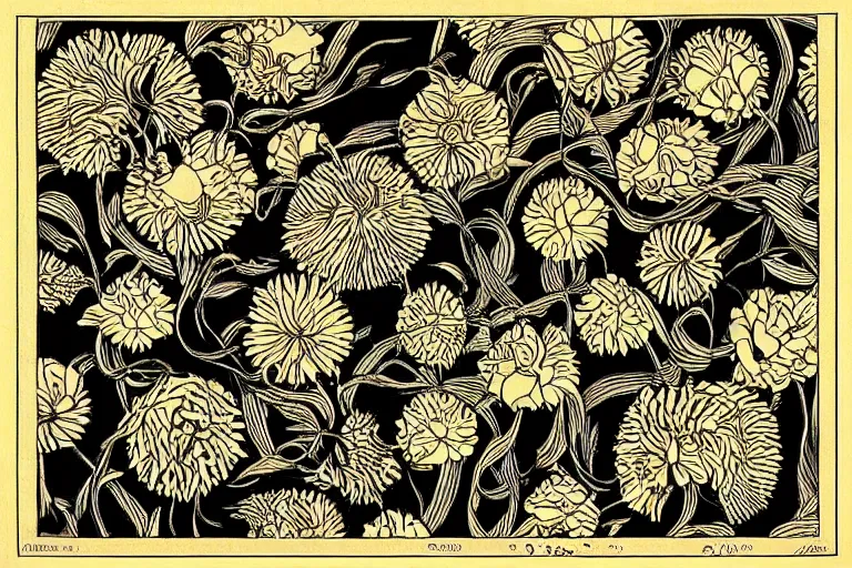 Image similar to elegant pattern of surreal, organisms, flowers isolated in a black background : : art nouveau, by rafał olbinski
