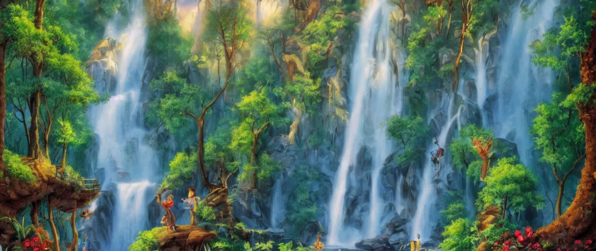 Image similar to disney movie background art of a beautiful waterfall in a forest